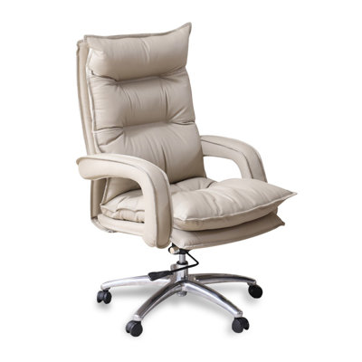 Fauteuil de bureau beige + argenté réglable en cuir véritable + similicuir + alliage d'aluminium