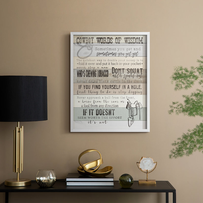 Cowboy Words Of Wisdom, reproduction encadrée - bois massif, H 15 po x l 12 po, Blanc