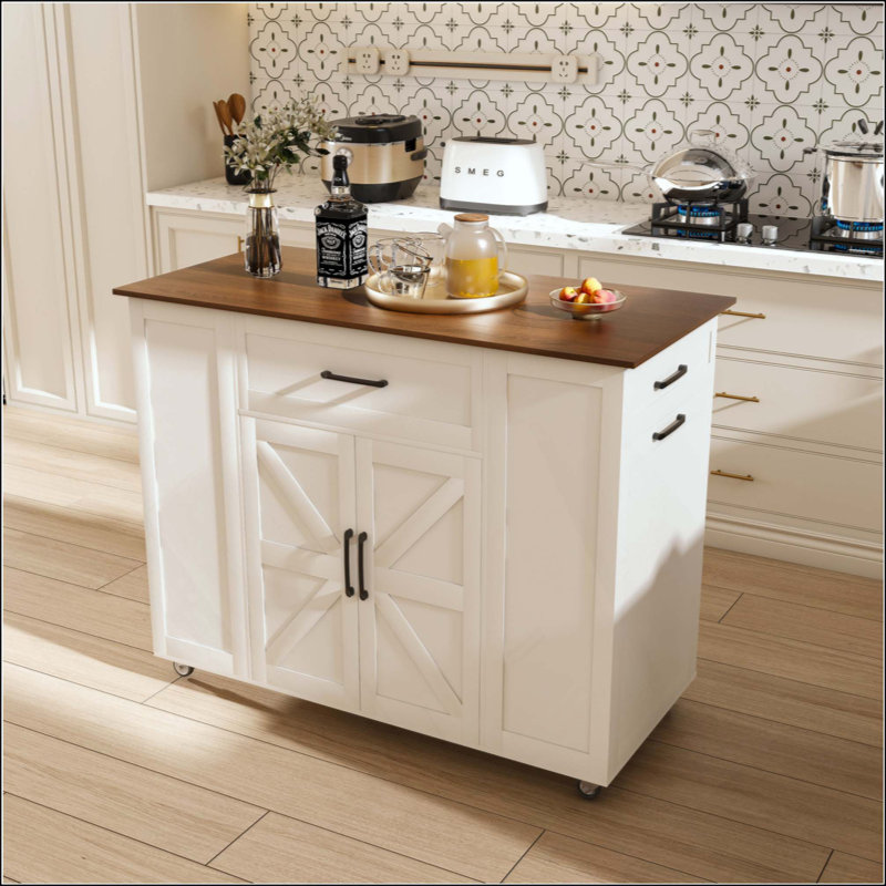 Îlot de cuisine sur roulettes avec rangement et prise de courant - Table de bar rustique mobile, plateau en bois avec tablette réglable et tiroir pour la cuisine, le salon et la salle à manger