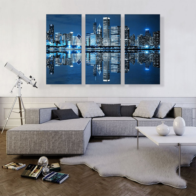 «Blue Chicago Illinois Skyline», ensemble de 3 reproductions de photos sur toiles tendues, H 40 po x l 60 po x P 0,75 po
