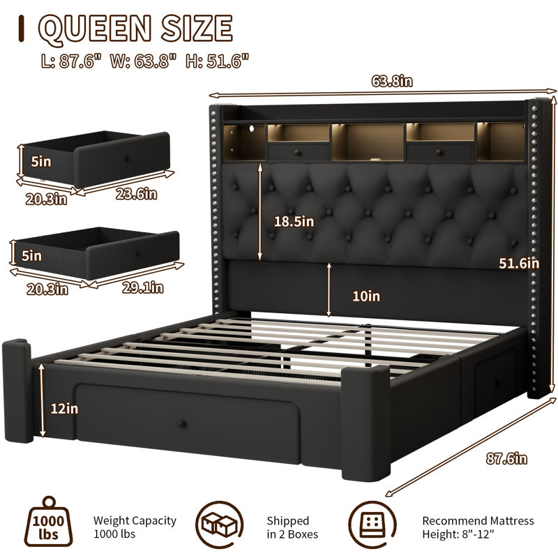 Upholstered Bed with Storage Button Tufted Velvet Headboard and 3 Drawers, Charging Station & LED Lights, No Box Spring Needed