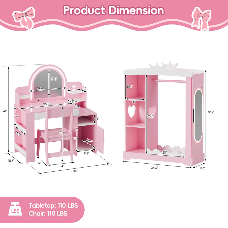 Ensemble de coiffeuse pour enfants avec miroir et armoire avec armoire à bijoux