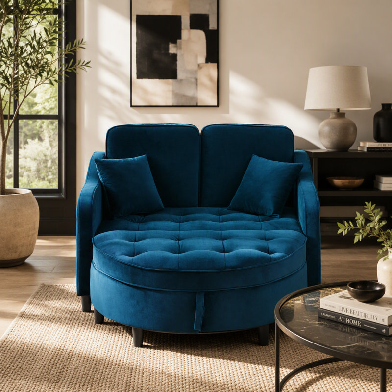 Canapé deux places avec repose-pieds incurvé avec rangement et port USB, dossier réglable et poches latérales, livré avec deux petits coussins décoratifs, idéal pour le salon, bleu