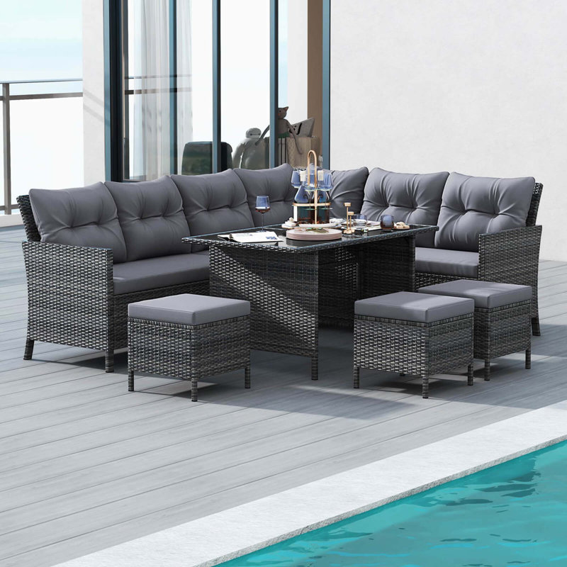 Ensemble de canapé modulaire en rotin 7 pièces avec coussins moelleux 7 pièces, Gris