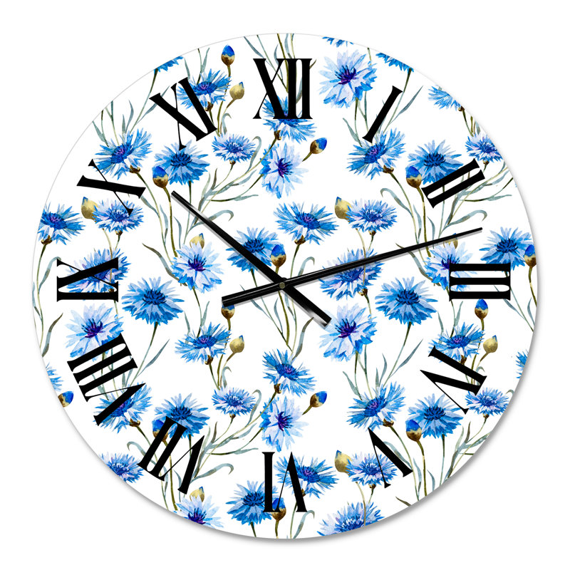Bleu bleuet avec feuilles vertes II - Horloge murale traditionnelle, Moyen