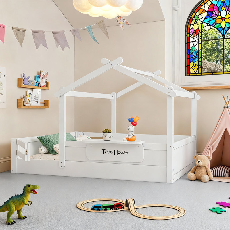 Full Size Floor Bed with Guardrails and Roof, Full, White