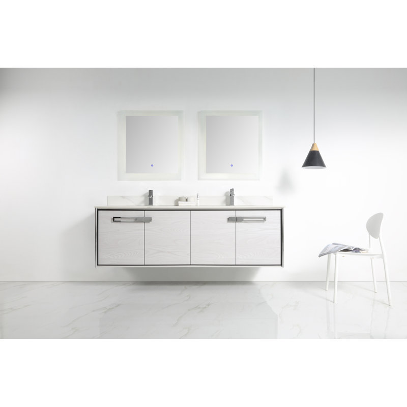 Meuble-lavabo double l 72 po x P 20,06 po x H 23,25 po, Chêne gris doux, Chrome poli