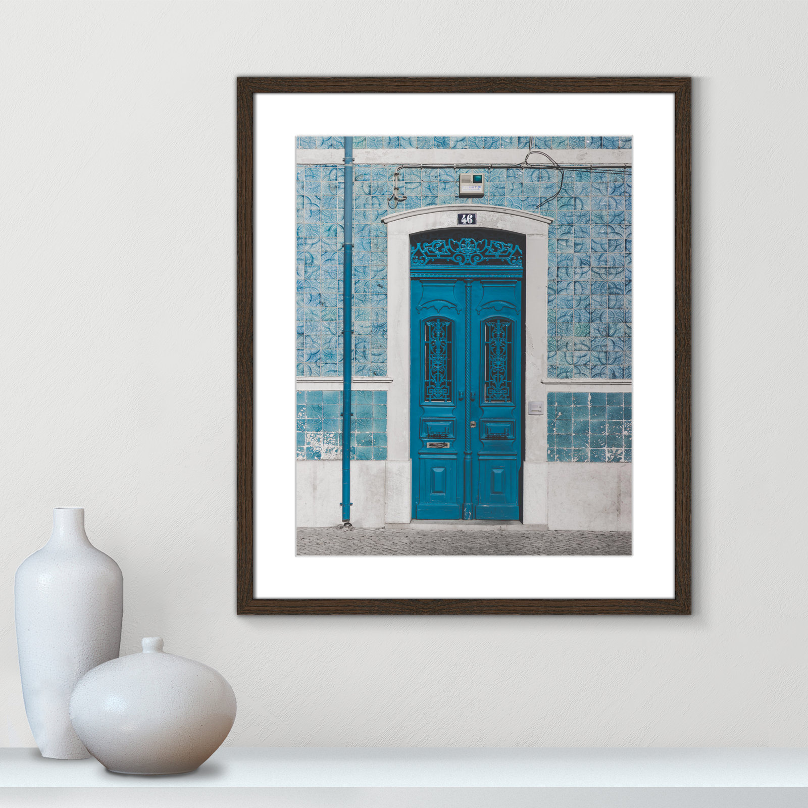 Blue Door of Caldas de Rainha Print, 25.5" H x 21.5" W x 0.75" D, Walnut
