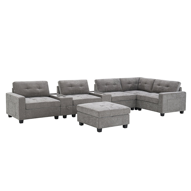 104'' Sectional Sofa With Acrylic Table Top, Gray Chenille