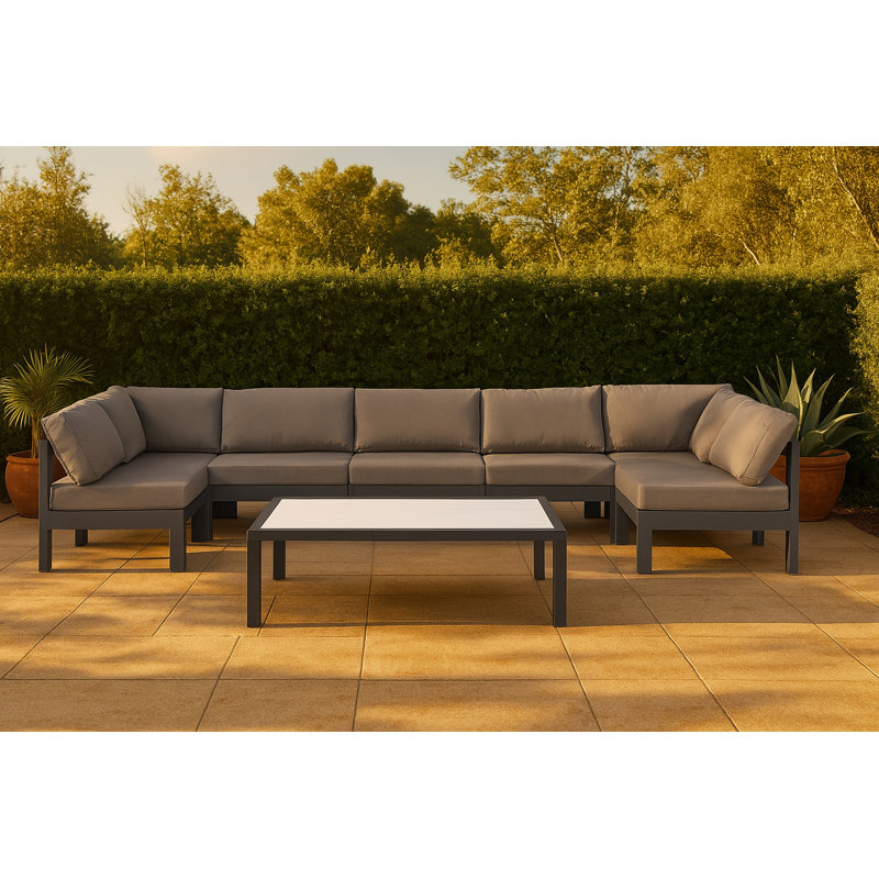 Athaleyah 150'' Wide Aluminum Patio Sectional with Cushions, Dark Gray, Gray