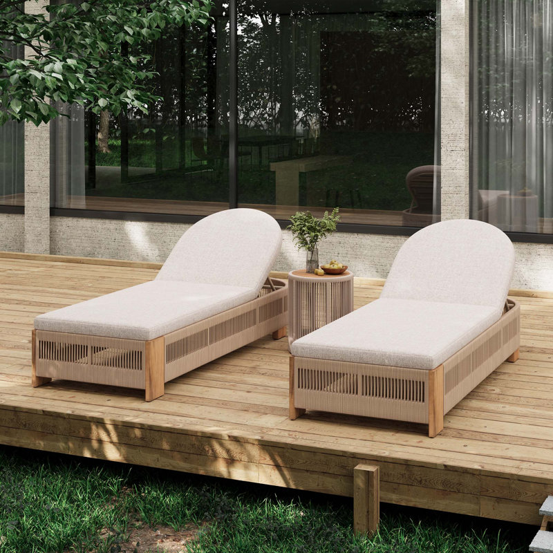 Outdoor Rope Chaise Lounge Set,Side Table And Beige Cushions, Chaise Lounge With Adjustable Backrest(2*Chair+Table), 2, Teak