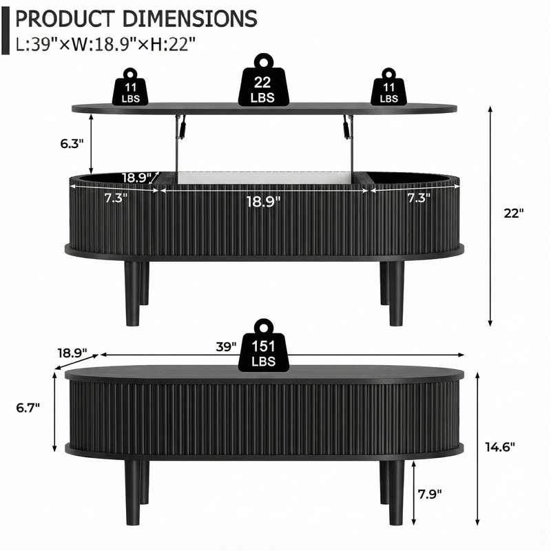 39" Fluted Lift Top Coffee Table, Black