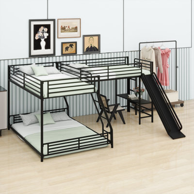 Lit superposé en L avec lit mezzanine, bureau intégré et glissade
