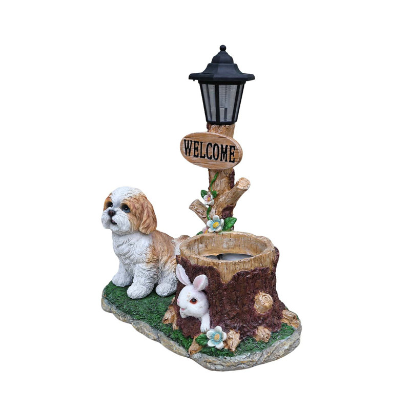Statue de jardinière lanterne solaire chien assis