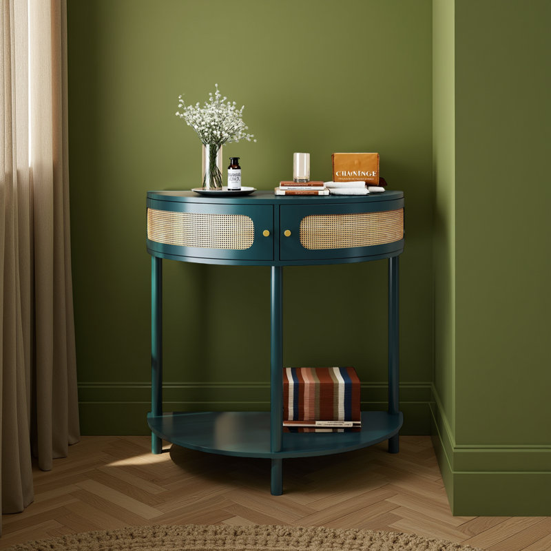 Elegant Semi-circle Entryway Console Table with 2 Rattan Storage Cabinet,Boho Half Moon End Table – Handwoven Rattan Doors + Curved Design – 2-Drawer Entryway Console w/Bottom Shelf