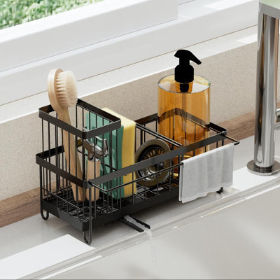 Large Kitchen Sink Sponge Holder With 360° Swivel Spout, Stainless Steel Organizer For Sponges, Brushes, Dish Cloths, And Detergent Bottles, Auto-Drain Design, Black