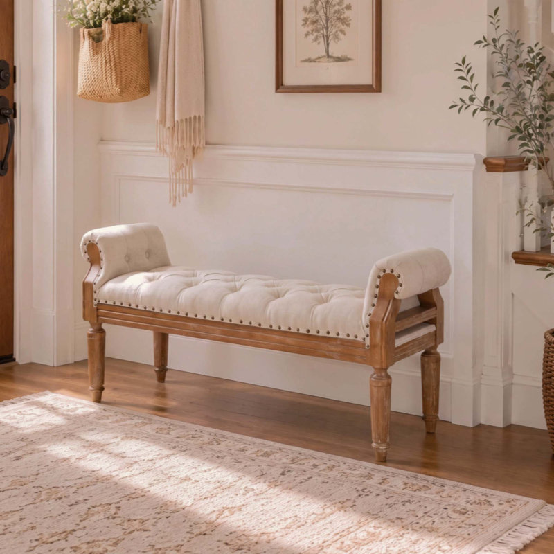 Banc rembourré en bois massif de style Mid-Century, banc de bout de lit avec accoudoirs roulés, repose-pieds capitonné classique avec pieds en teck patiné, banc de fenêtre pour chambre à coucher, vestibule, garde-robe