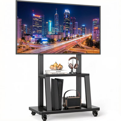 Mobile Tv Cart For 37-75 Inch Tvs With Wooden Shelf, Portable Rolling Tv Stand With Height Adjustment, Holds Up To 150 Lbs, Black