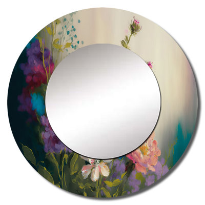 Painted Blossoming Wildflowers III - Floral Large Mirror, Cream Round Unique Wall Mirror Decor, Printed Metal Art