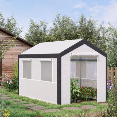 Serre pour jardin extérieur 10 pi x 7 pi, maison chaleureuse avec housse de protection contre les intempéries, 4 fenêtres et 2 portes à fermeture à glissière, jardin blanc 7 pi, portes et fenêtres