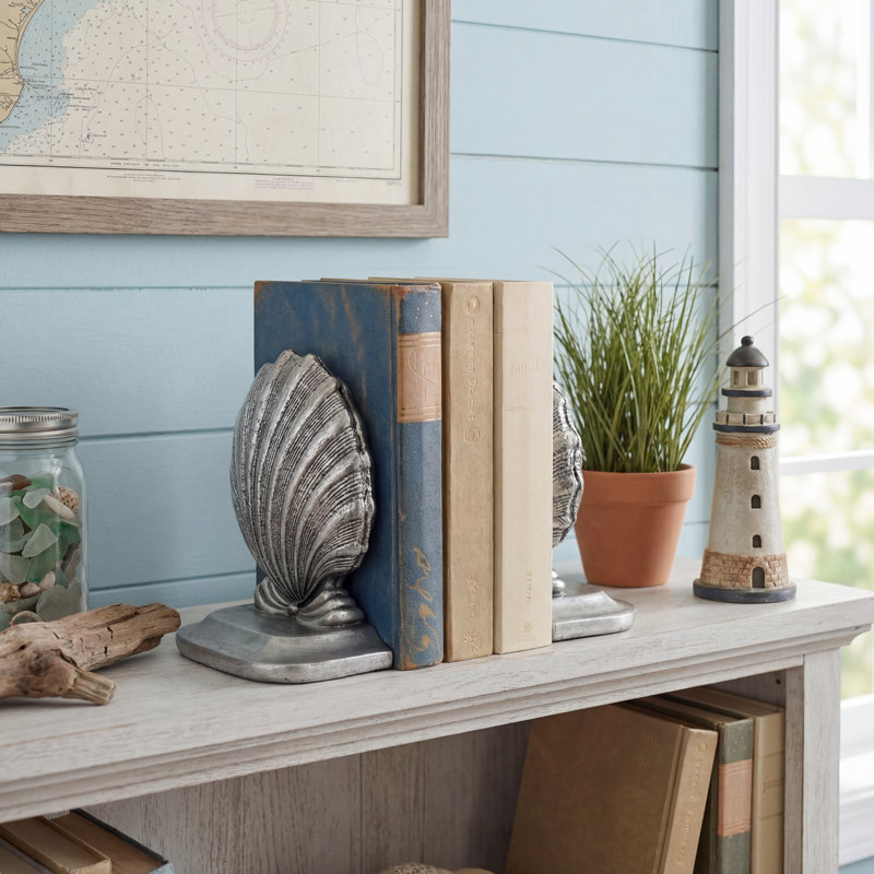 Resin Seashell Book Ends for Home Office Living Room Beach Decor, Silver