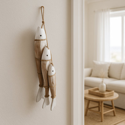 Figurine décorative en bois à 3 poissons sur corde pour décoration intérieure