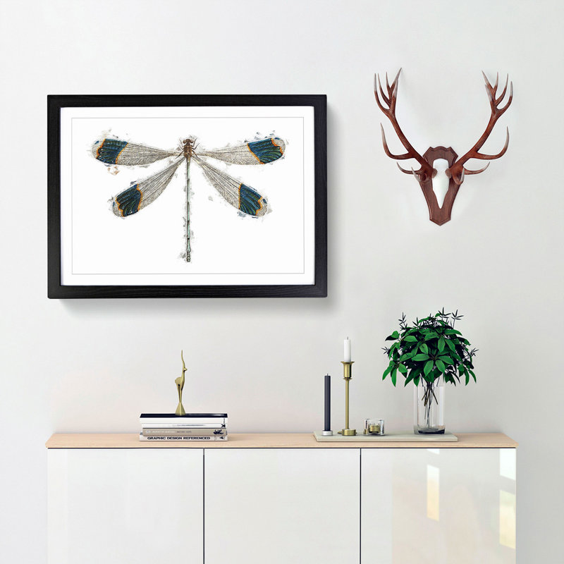 Blue Tipped Dragonfly by George Shaw - Picture Frame Painting Print on MDF, Black Framed, 27cm H x 36cm W x 2cm D