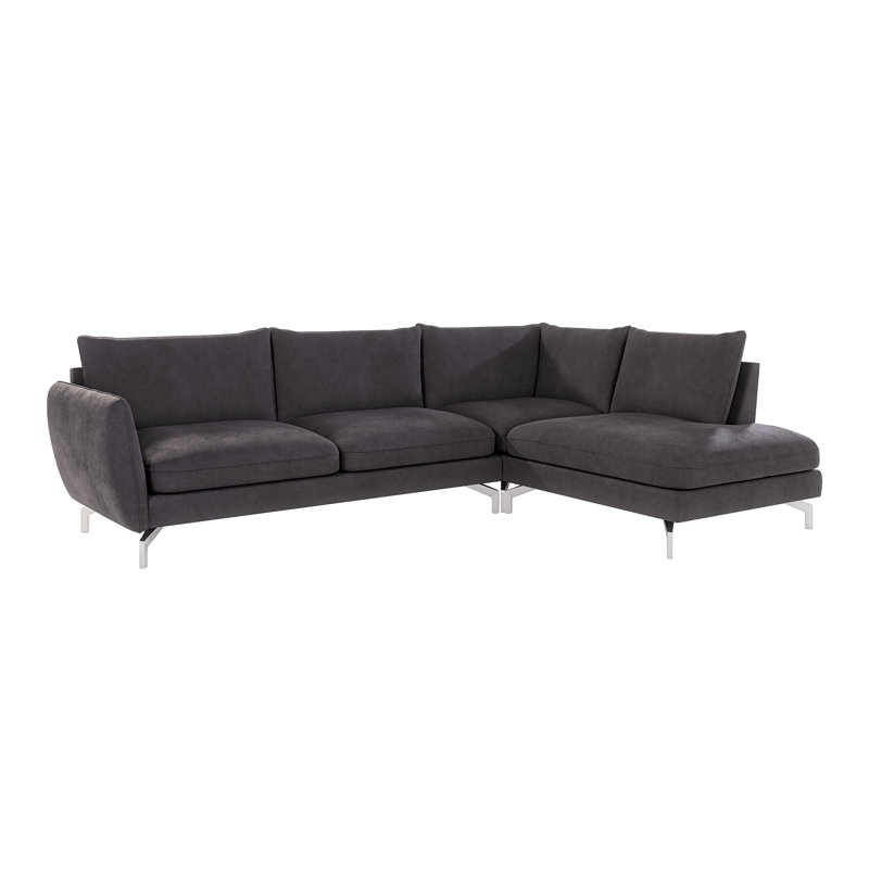 Modern L-shape Corner Sofa  with Silver Metal Legs, Right Hand Facing, Graphite