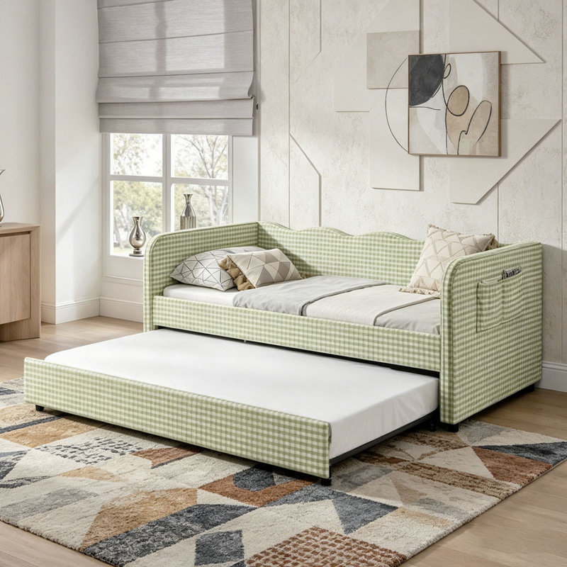 Lit de jour convertible 3-en-1 rembourré avec couchette coulissante et poches de rangement latérales rembourrées, Twin, Green