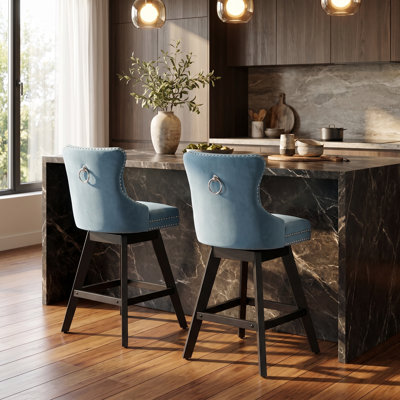 Swivel Velvet Bar Stools Set of 2, Button Tufted Counter Chairs with Nailhead Trim, Solid Rubber Wood Legs & 360° Swivel Seats