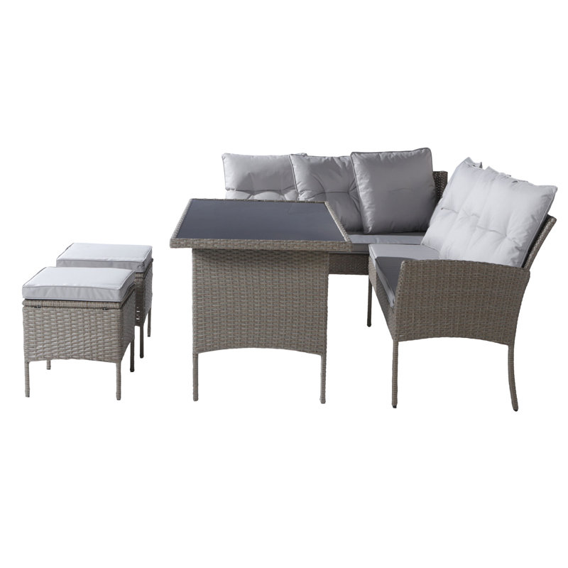 Pizano 7 - Person Patio Dining Set with Rectangular Table , Cushions Included, Beige, Brown