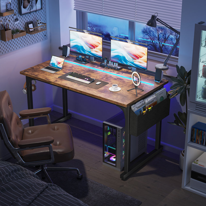 Bureau d'ordinateur à domicile avec lumières DEL pour petits espaces, bureau d'écriture avec sac de rangement et crochet pour casque d'écoute