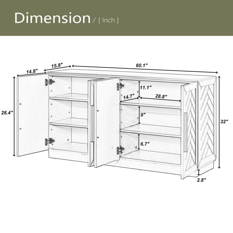 Buffet avec rangement, armoire avec tablettes réglables et poignées argentées, Blanc