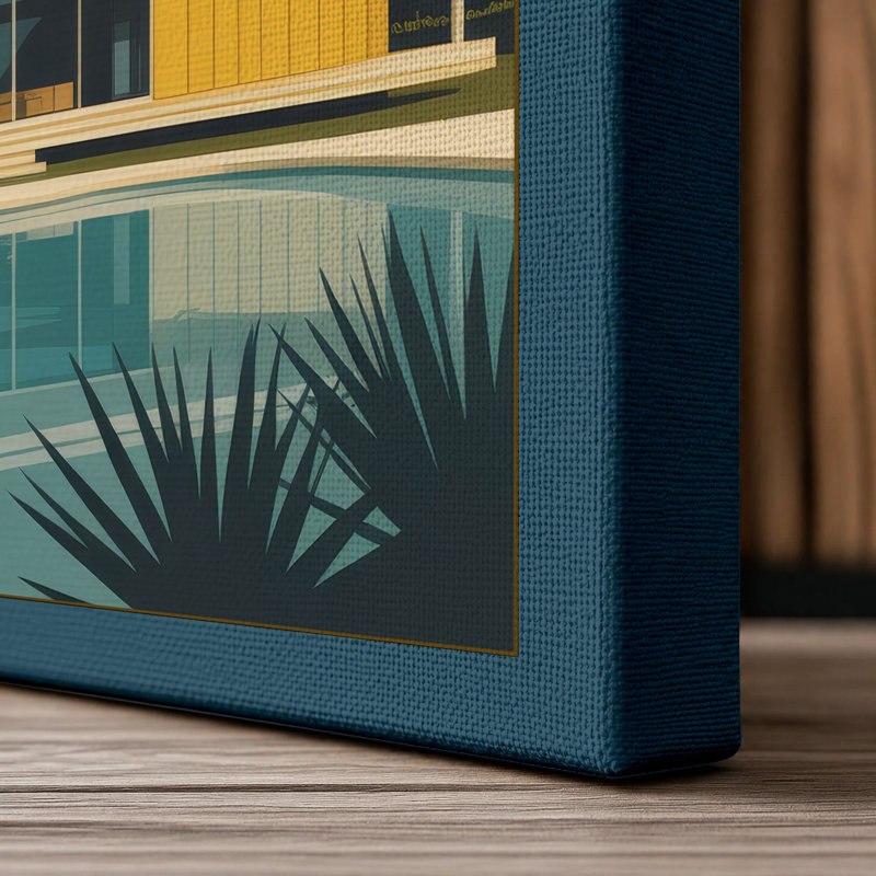 Midcentury Pool House Mid-Century - Wrapped Canvas, 30x20 - 76.2 x 50.8 cm, Teal Border