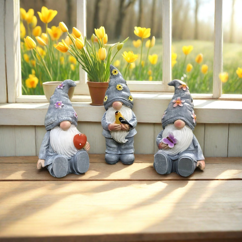 Ensemble de 3 figurines d'extérieur en résine fleurs gnomes printanières