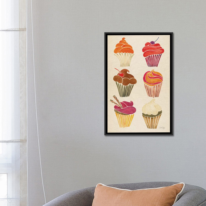 «Cupcakes» - Impression sur toile tendue, H 26 po x l 18 po x P 1,5 po, Toile avec cadre noir, Pas de tapis