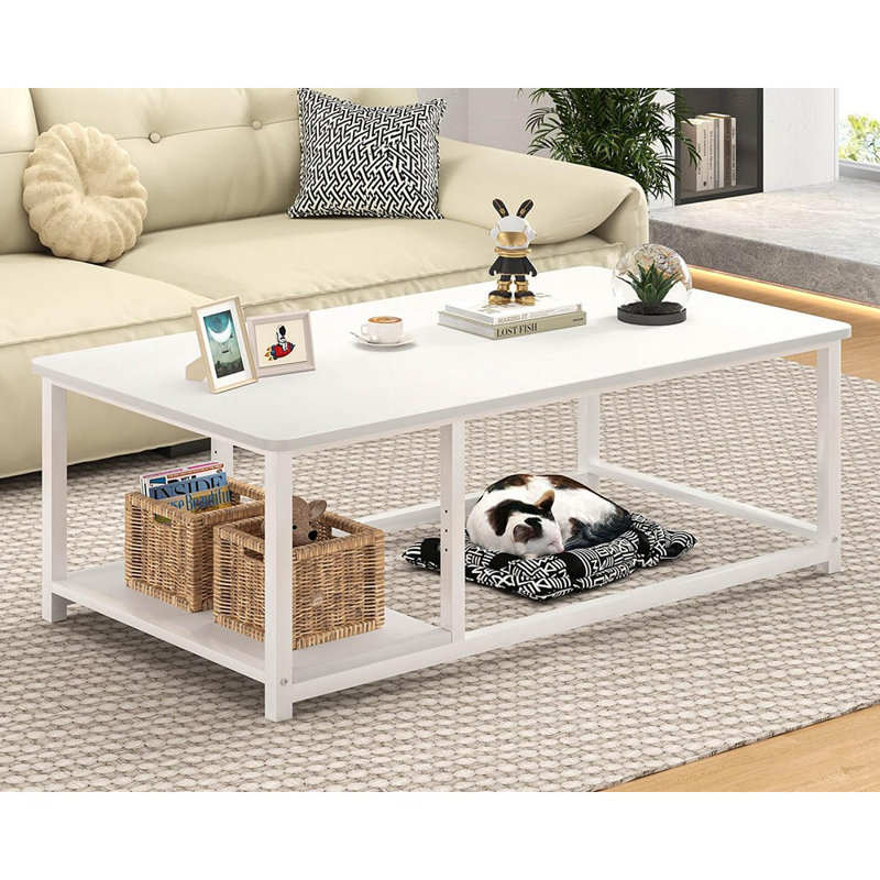 Table basse blanche, centre de table moderne en bois rustique avec rangement pour le salon