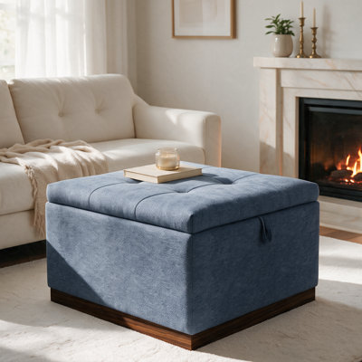 Pouf de rangement carré capitonné de 67 cm avec couvercle relevable et base en bois