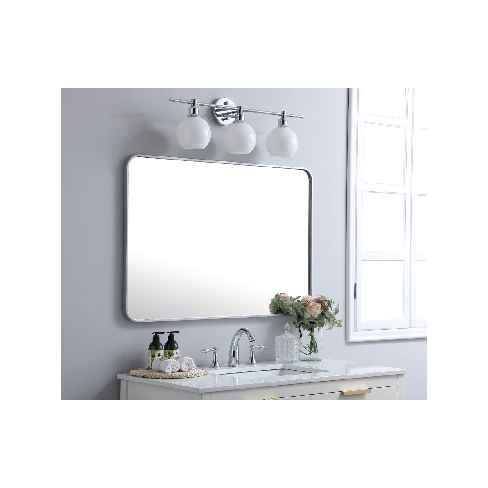 Sabine Metal Rounded Rectangle Wall Mirror, 40" x 27", Silver
