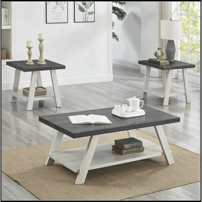 Ensemble de 3 tables basses en bois gris anthracite et beige Athens