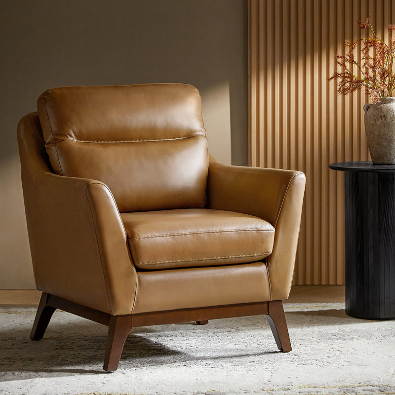 Fauteuil en cuir véritable Mariessa avec pieds en bois massif, Cuir véritable chameau