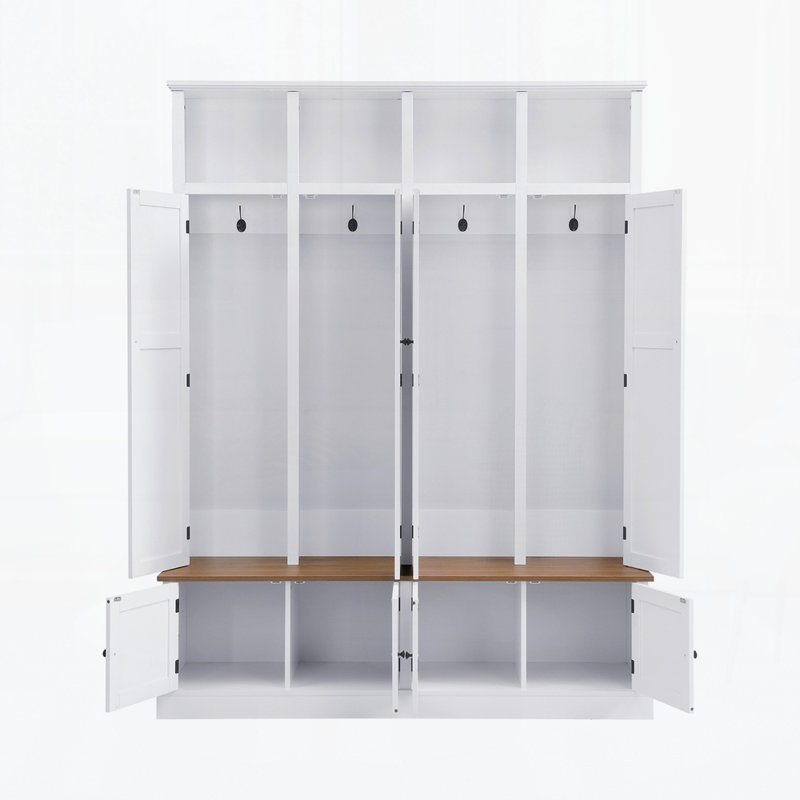 Arbre d'entrée 76,7 po avec banc et armoire, banc d'entrée 4 en 1 avec portemanteau, organisateur de rangement de vestibule moderne avec casiers ouverts et crochets pour le couloir, l'entrée et le salon
