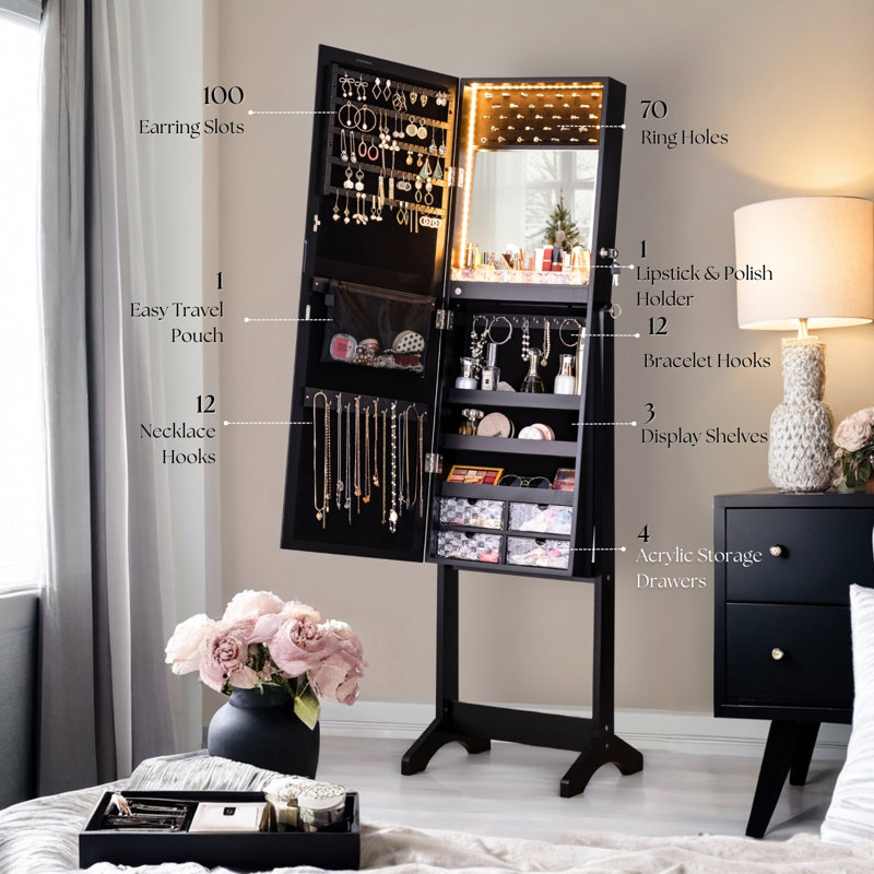 Armoire à bijoux avec miroir Marquisia, Noir