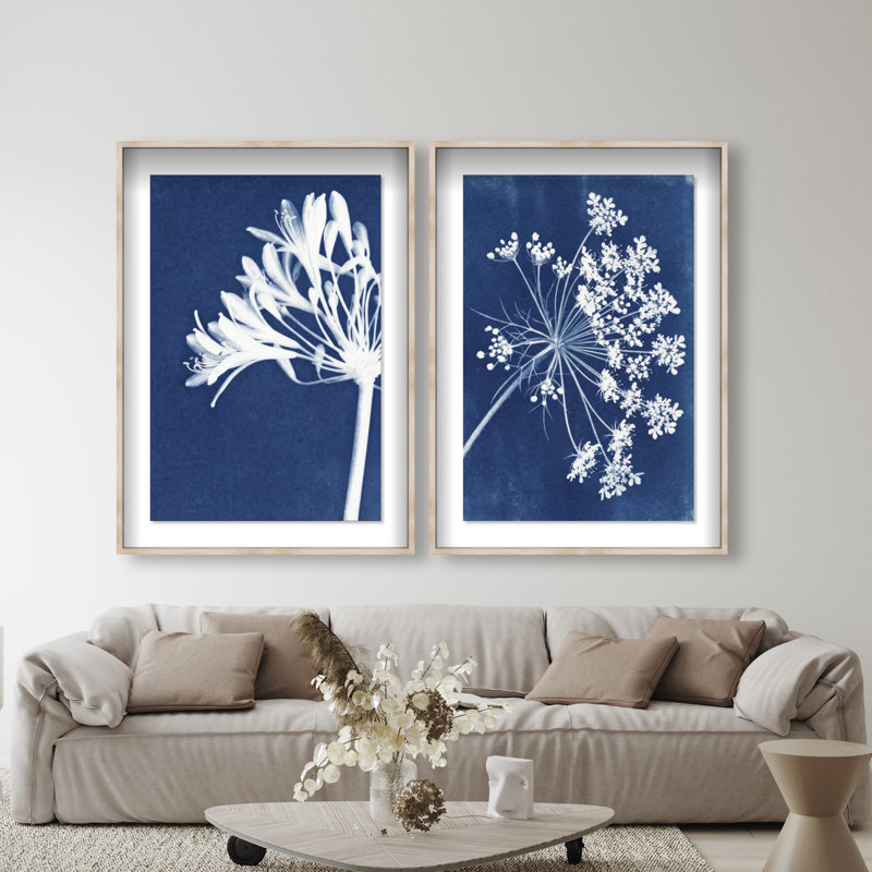 Cyan Flowers Set Shadowbox Floral & Botanical Print by Oliver Gal, Black Frame, 10 x 15, 37"H x 55"W, Natural Oak Shadowbox