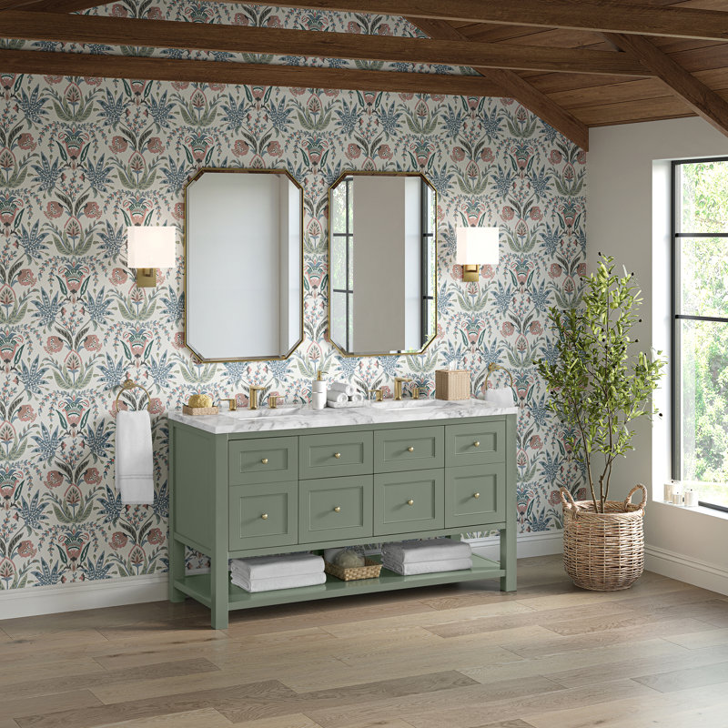 Breckenridge 60'' W Double Vanity, Smokey Celadon, Carrara White Marble, Widespread