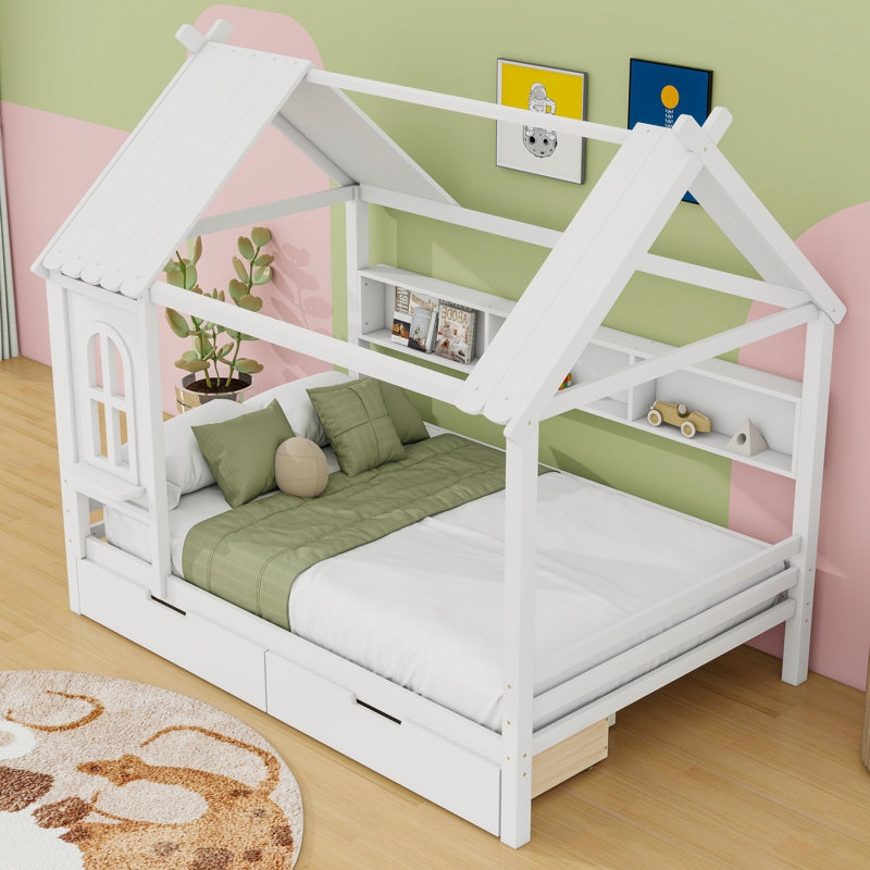 Lit en bois 2 tiroirs avec tablettes et garde-corps, Double, Blanc