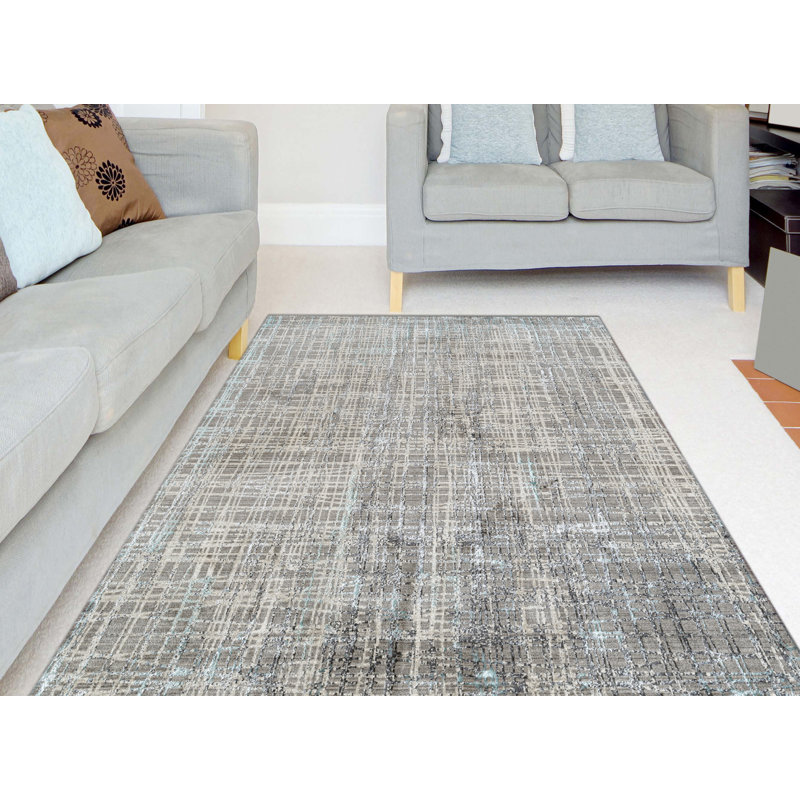 Tapis turquoise / gris à velours structuré de qualité supérieure à motif abstrait transitionnel Bonna