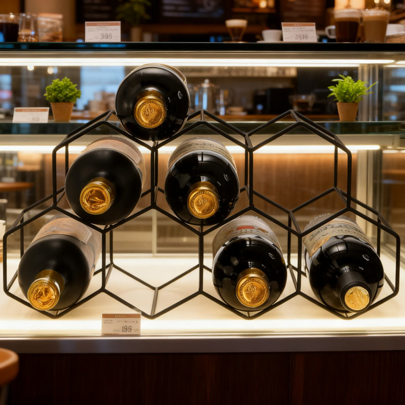 Support à vin de comptoir moderne en métal, support autoportant en forme de nid d'abeille géométrique pour 9 bouteilles, rangement peu encombrant pour bar ou cave