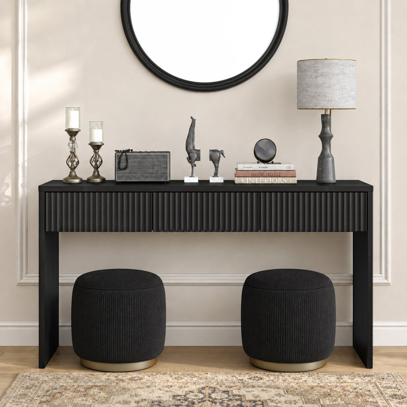 Console en bois Higham 55 po avec 3 tiroirs, derrière le canapé pour le hall d'entrée, conception cannelée, Noir