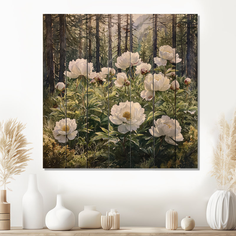 Pivoines dans la forêt alpine III - Décoration murale en bois de pivoines - sur bois de pin naturel, H 36 po x l 36 po